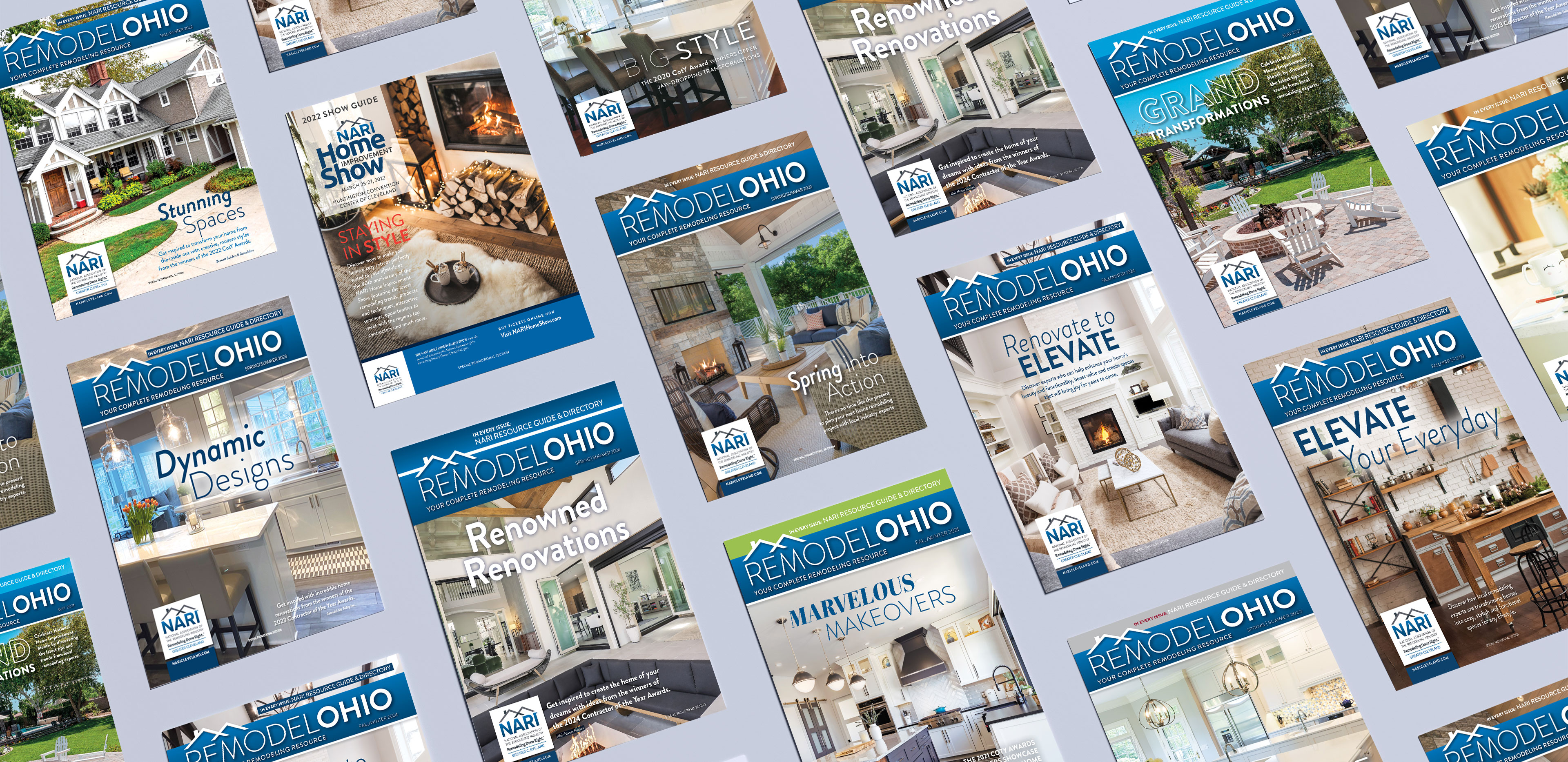 a collage of NARI Remodel Ohio magazine covers a collage of NARI Remodel Ohio magazine covers