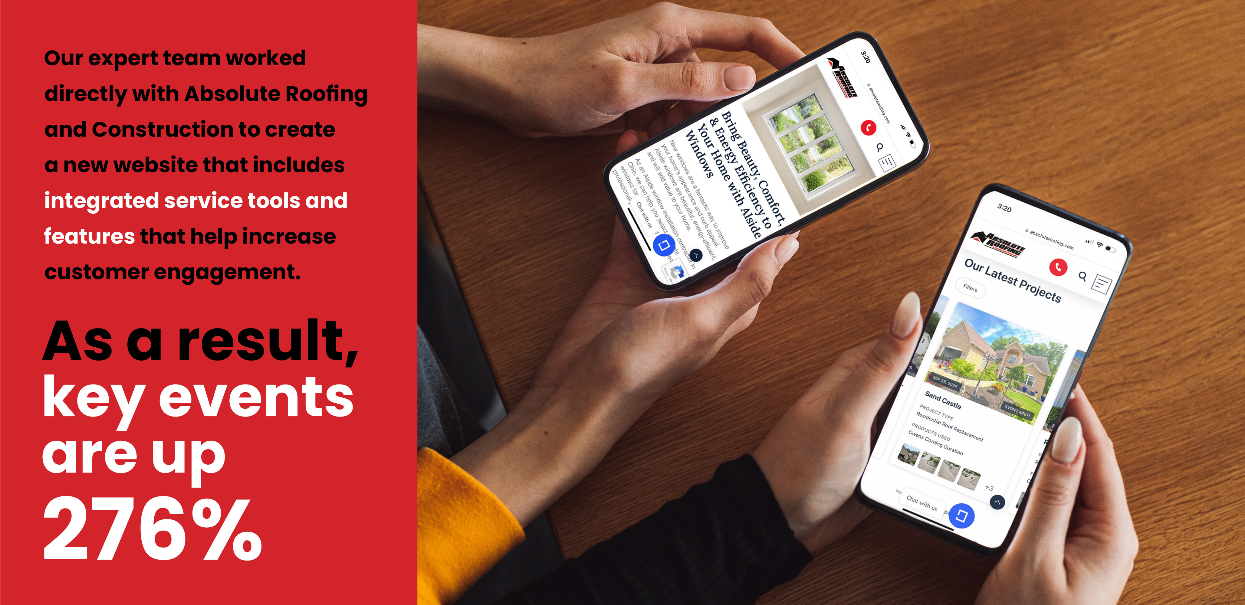 Two people holding phones and browsing the Absolute Roofing and Construction website Two people holding phones and browsing the Absolute Roofing and Construction website