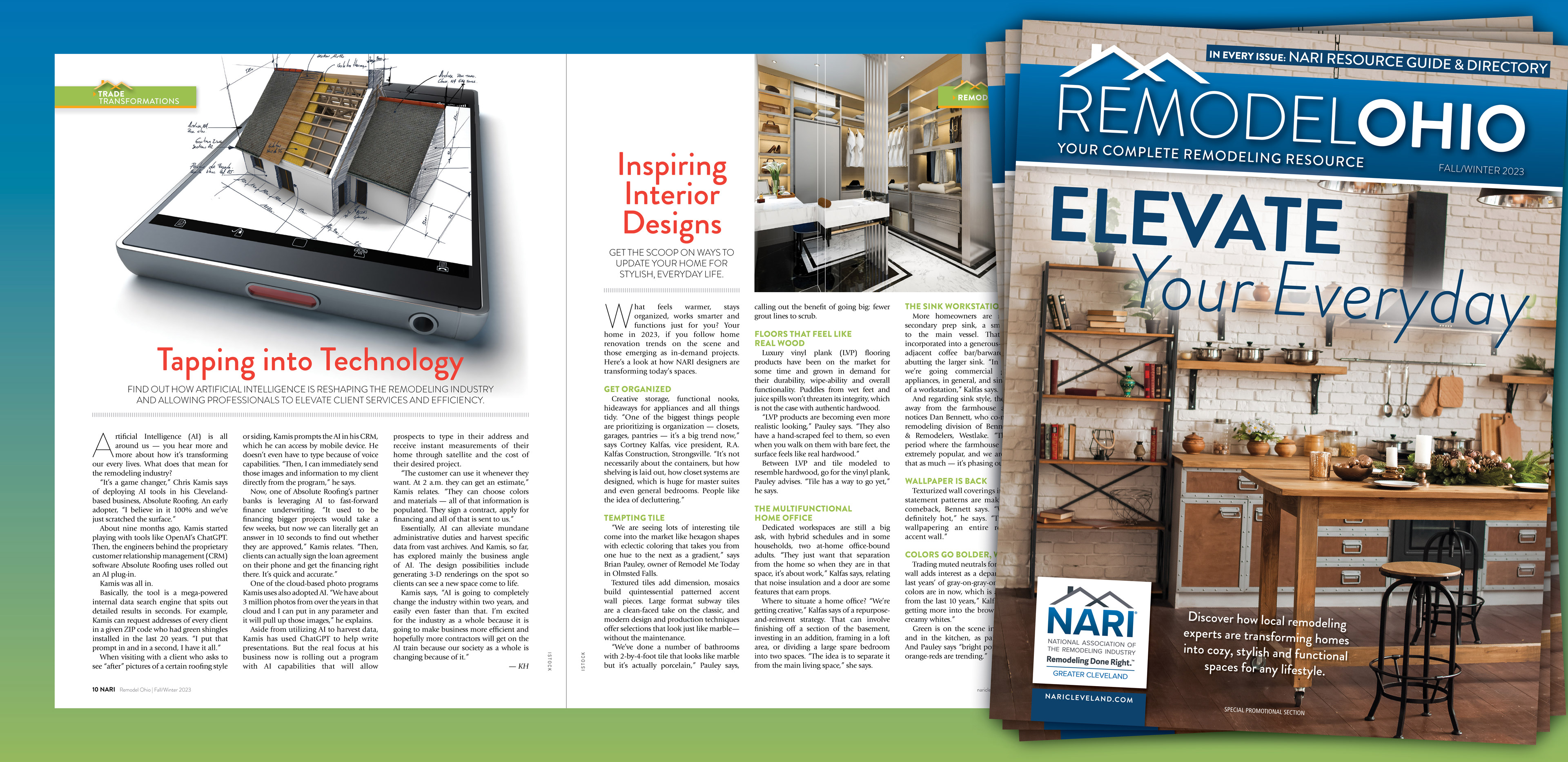 A two page magazine spread with a NARI Remodel Ohio Cover hovering above A two page magazine spread with a NARI Remodel Ohio Cover hovering above